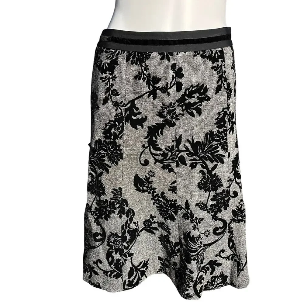 Ann Taylor wool blend grey black tweed floral A line lined skirt size 4